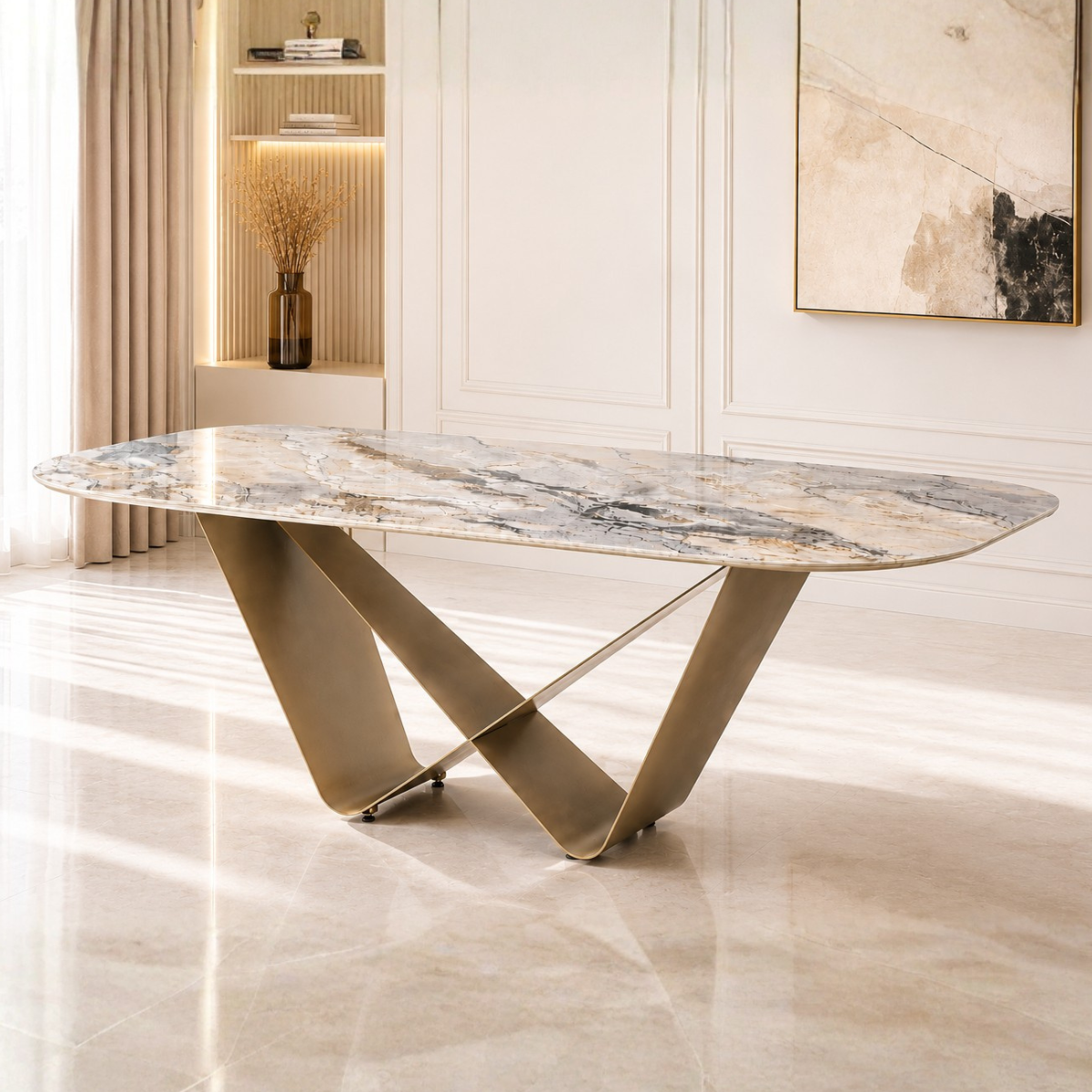 Masă Dining DOA – Blat Ceramic Premium și Bază Metalică Sculpturală