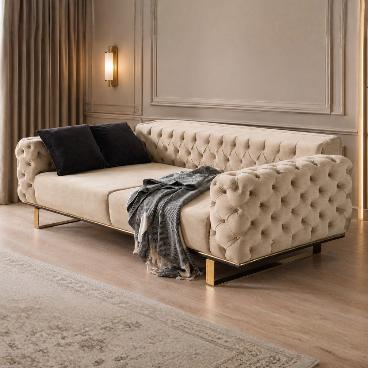 Canapea Extensibilă 3 Locuri Bella Chester – Catifea, Stil Chesterfield
