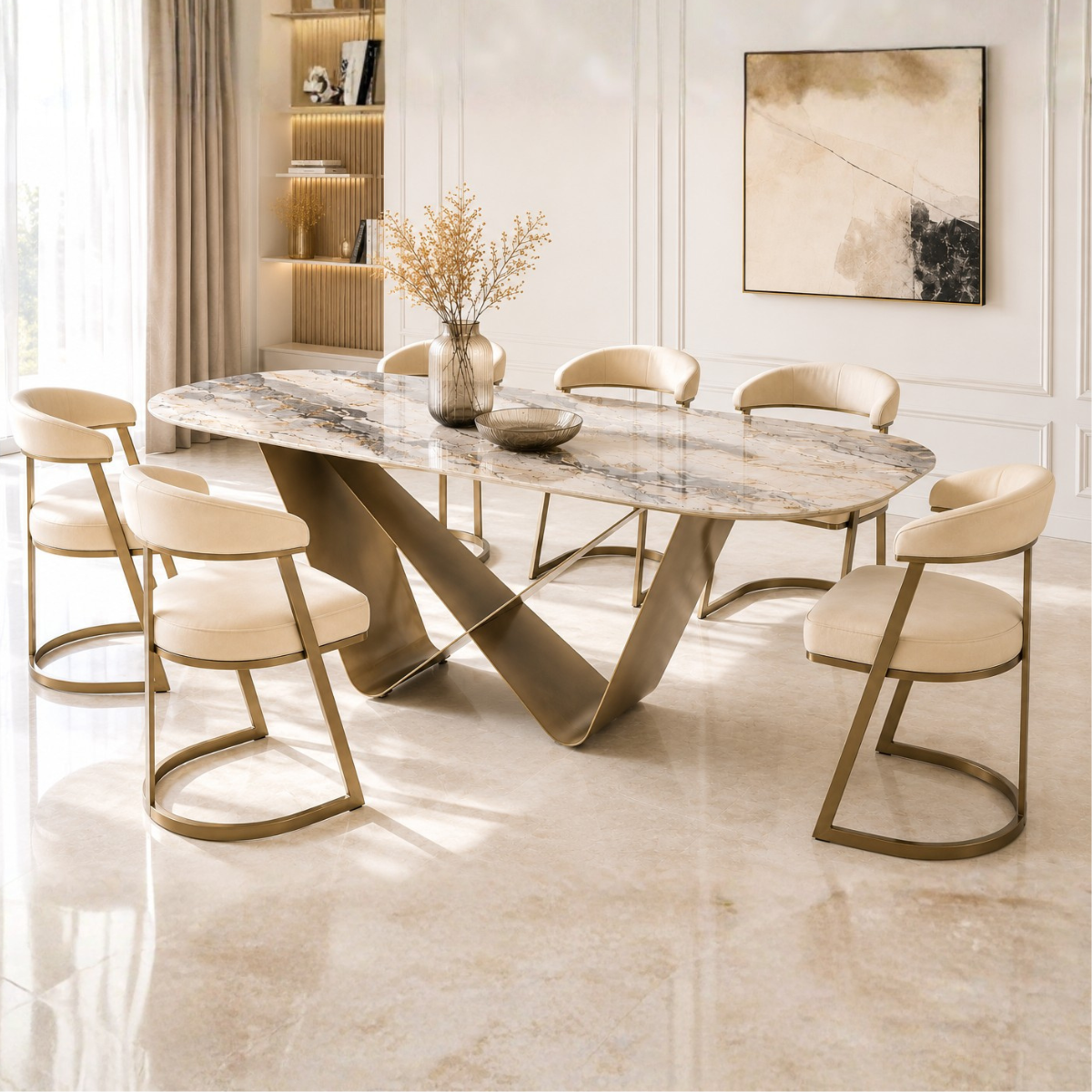 Masă Dining DOA – Blat Ceramic Premium și Bază Metalică Sculpturală