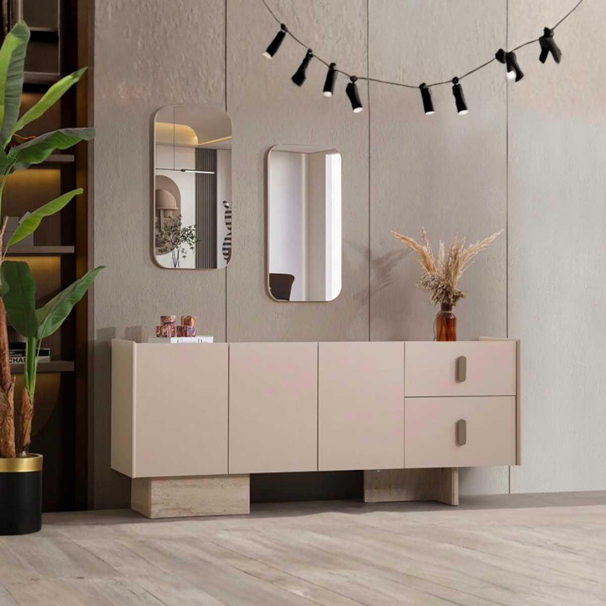 Comodă cu Oglindă PABLO – MDF cu Blat Marmorat, Design Modern și Elegant