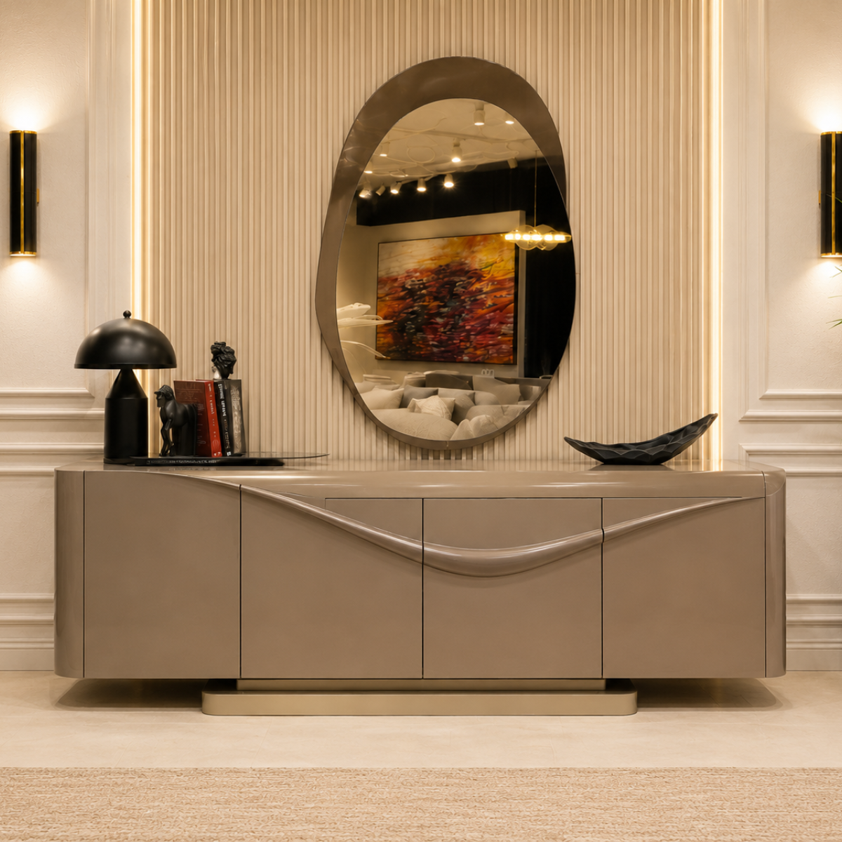 Comodă cu Oglindă QUEEN – Design Sculptural și Eleganță Contemporană
