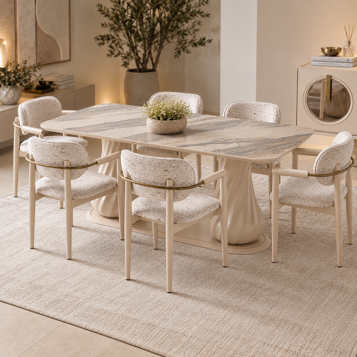 Masă Dining Praga cu 6 Scaune – Design de Lux, Blat Marmurat