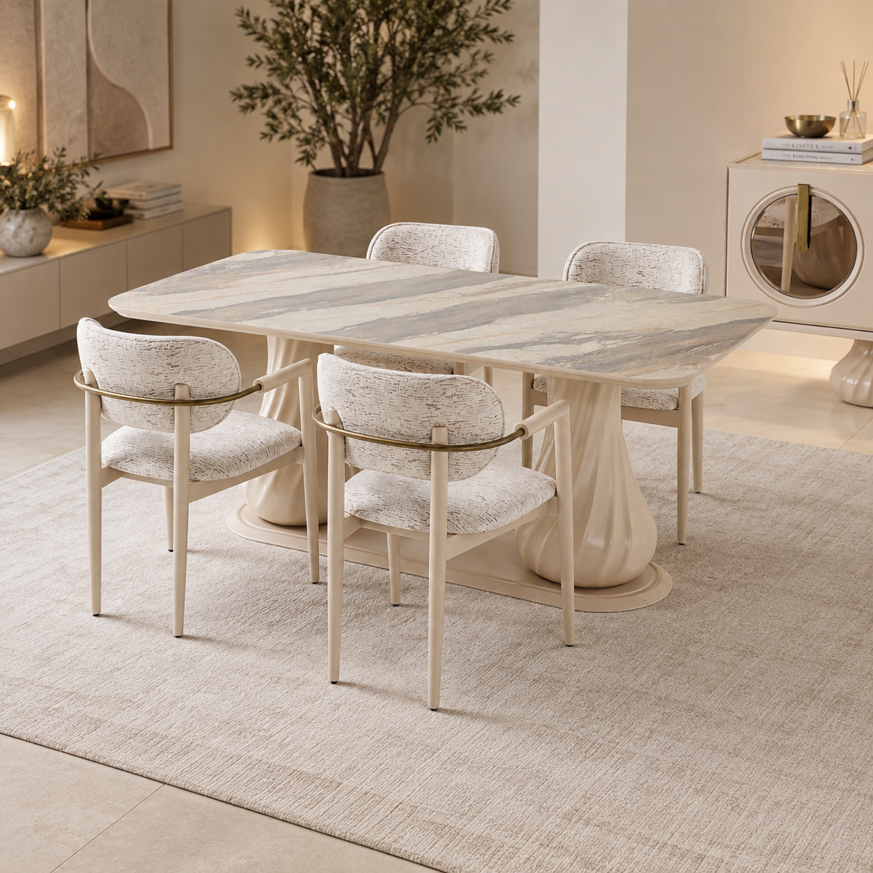 Masă Dining Praga cu 6 Scaune – Design de Lux, Blat Marmurat