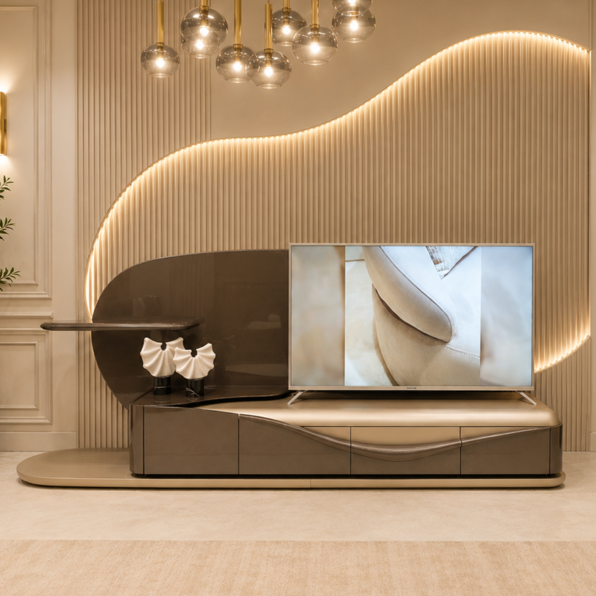 Comodă TV QUEEN – Mobilier TV Modern cu Design Sculptural și Finisaje Premium