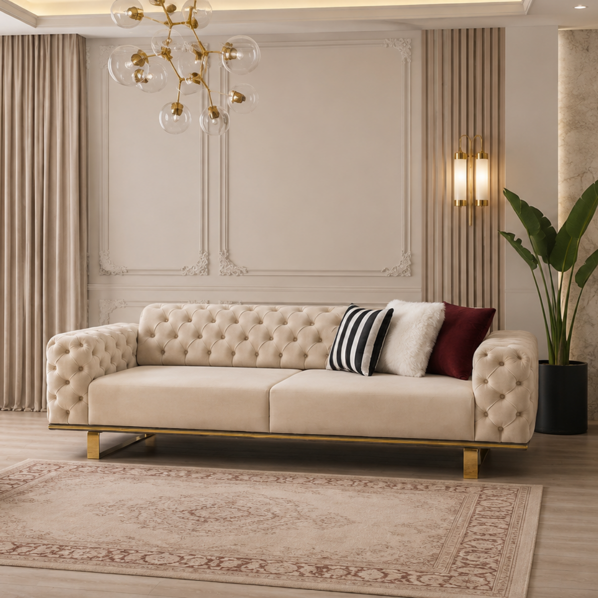 Canapea Extensibilă 3 Locuri Bella Chester – Catifea, Stil Chesterfield
