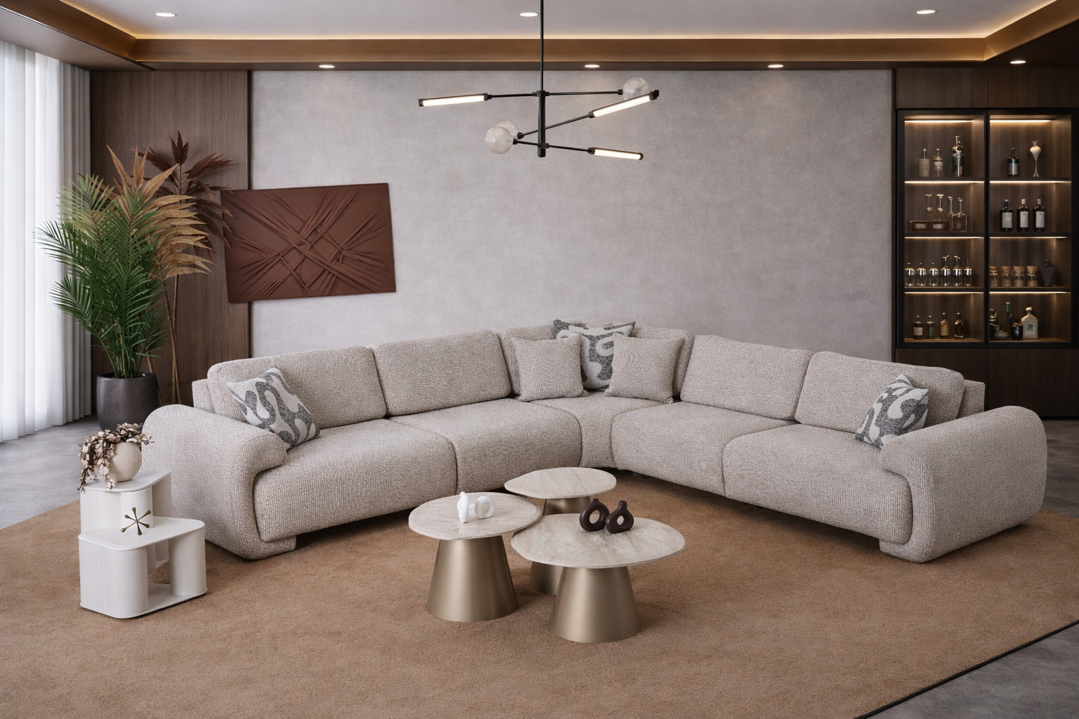 Modern living room with a sectional sofa, coffee tables, and decorative items.