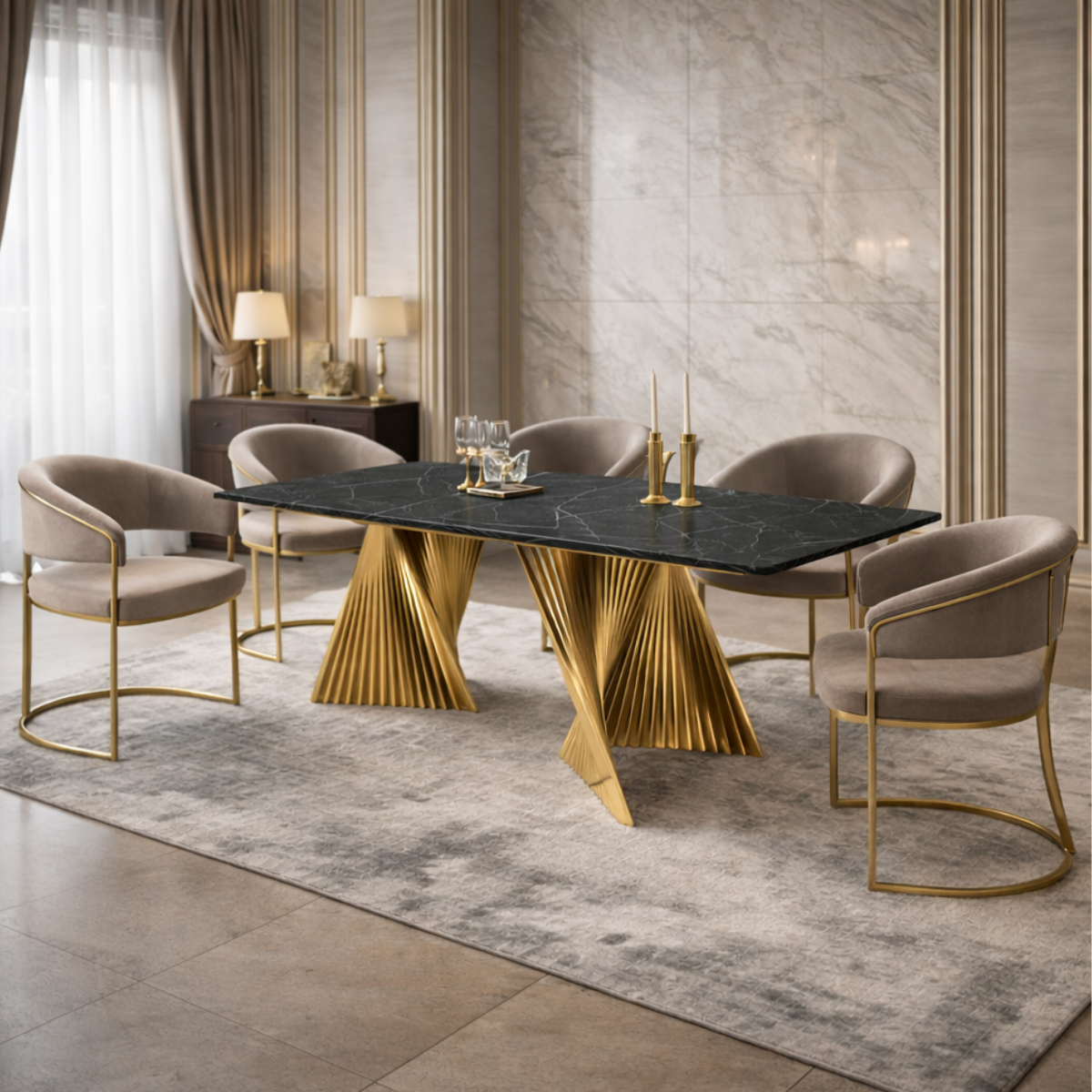 Dining room with a stylish table and chairs in a modern interior setting.