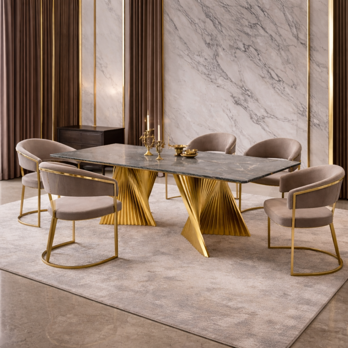 Modern dining room with a gold and marble table and chairs.