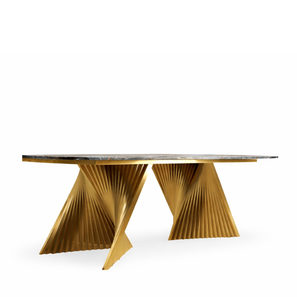 Dining table with gold metallic base and marble top on a white background