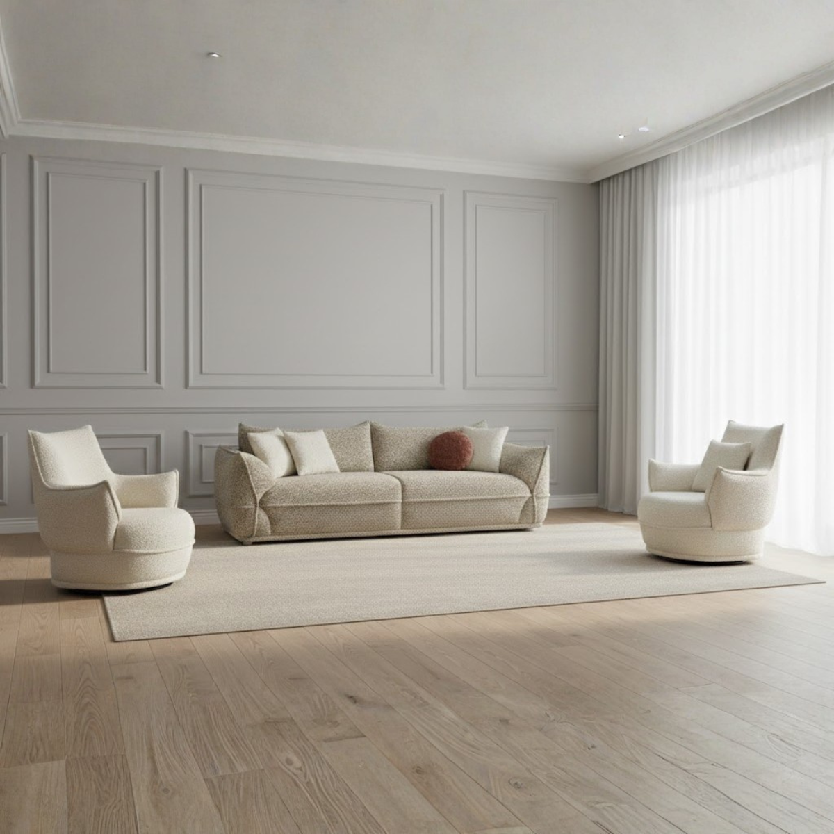 Modern living room with a beige sofa and two armchairs on a light wood floor.
